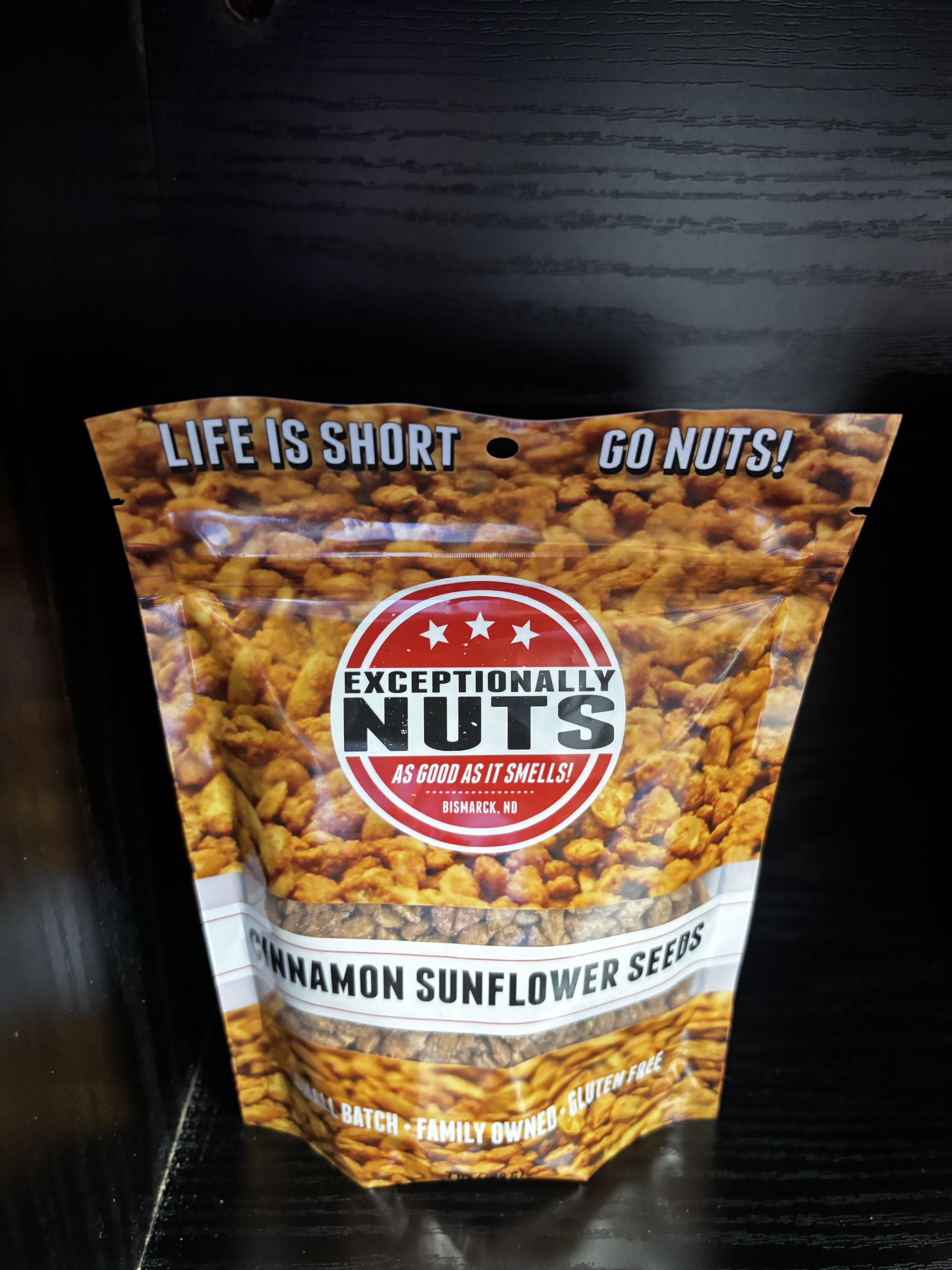 Bag of cinnamon sunflower seeds with bold printed label