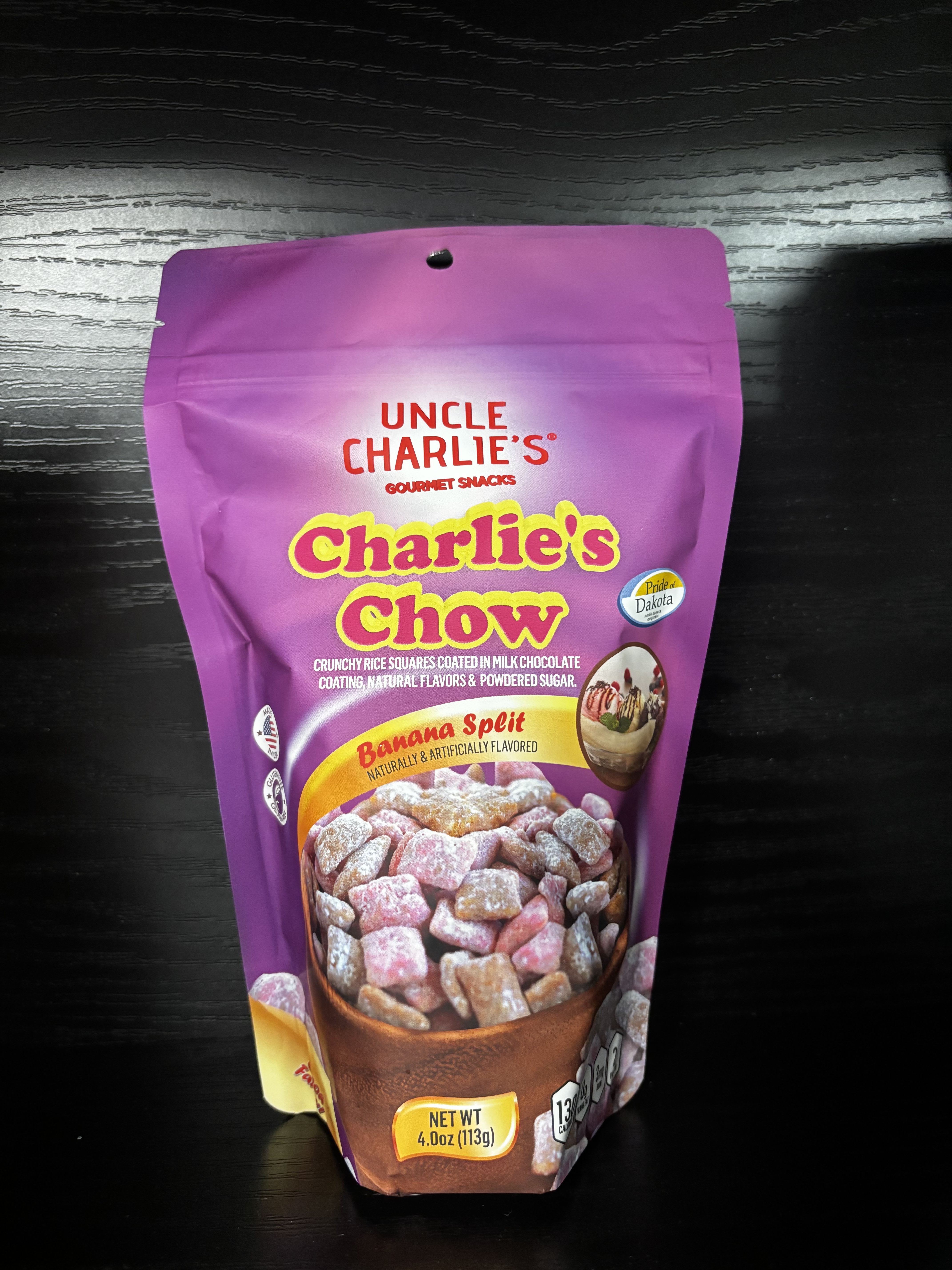 Purple bag of Charlie's Chow banana split snack mix