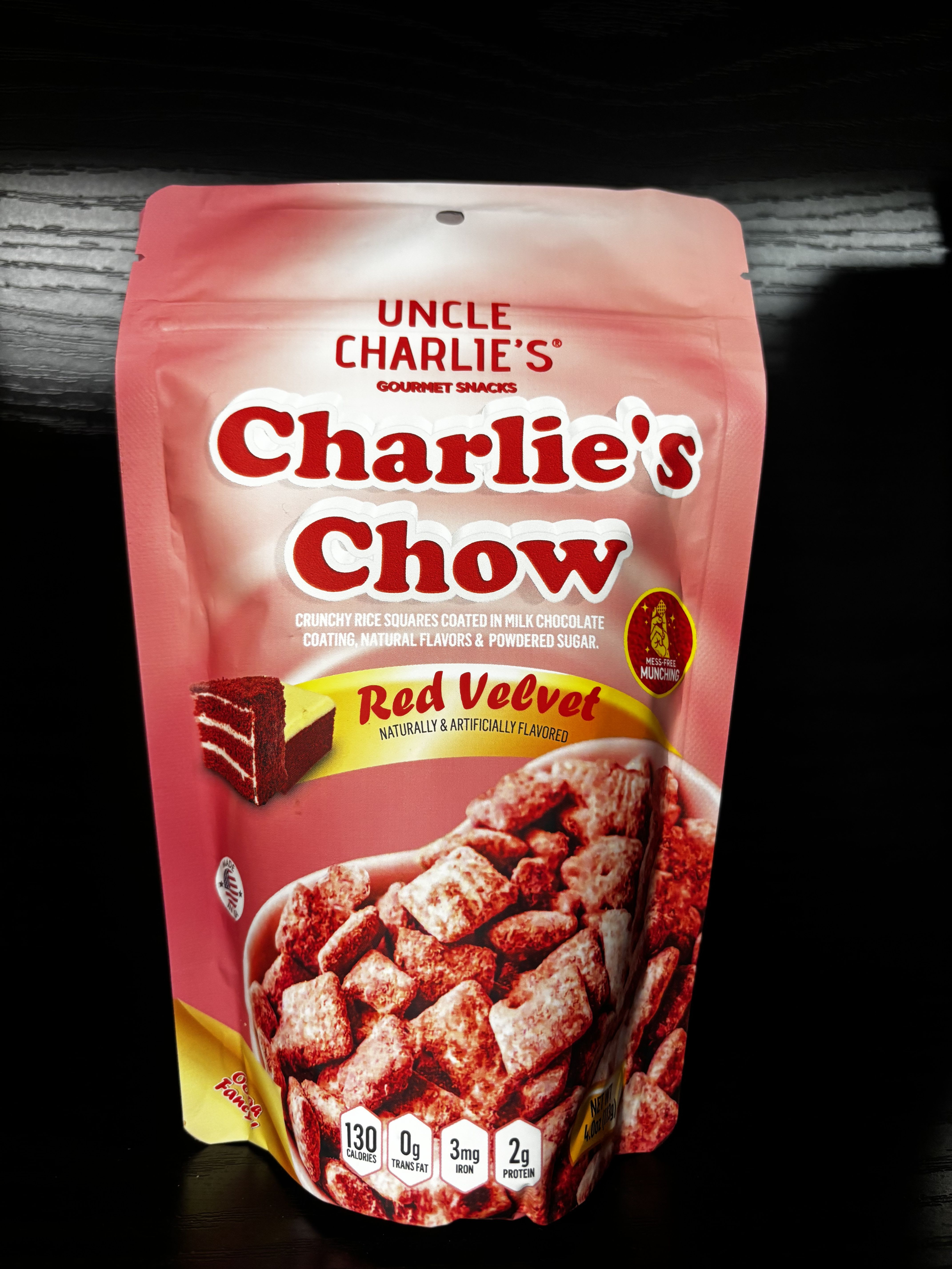 Pink bag of Uncle Charlie's Charlie's Chow red velvet snack mix