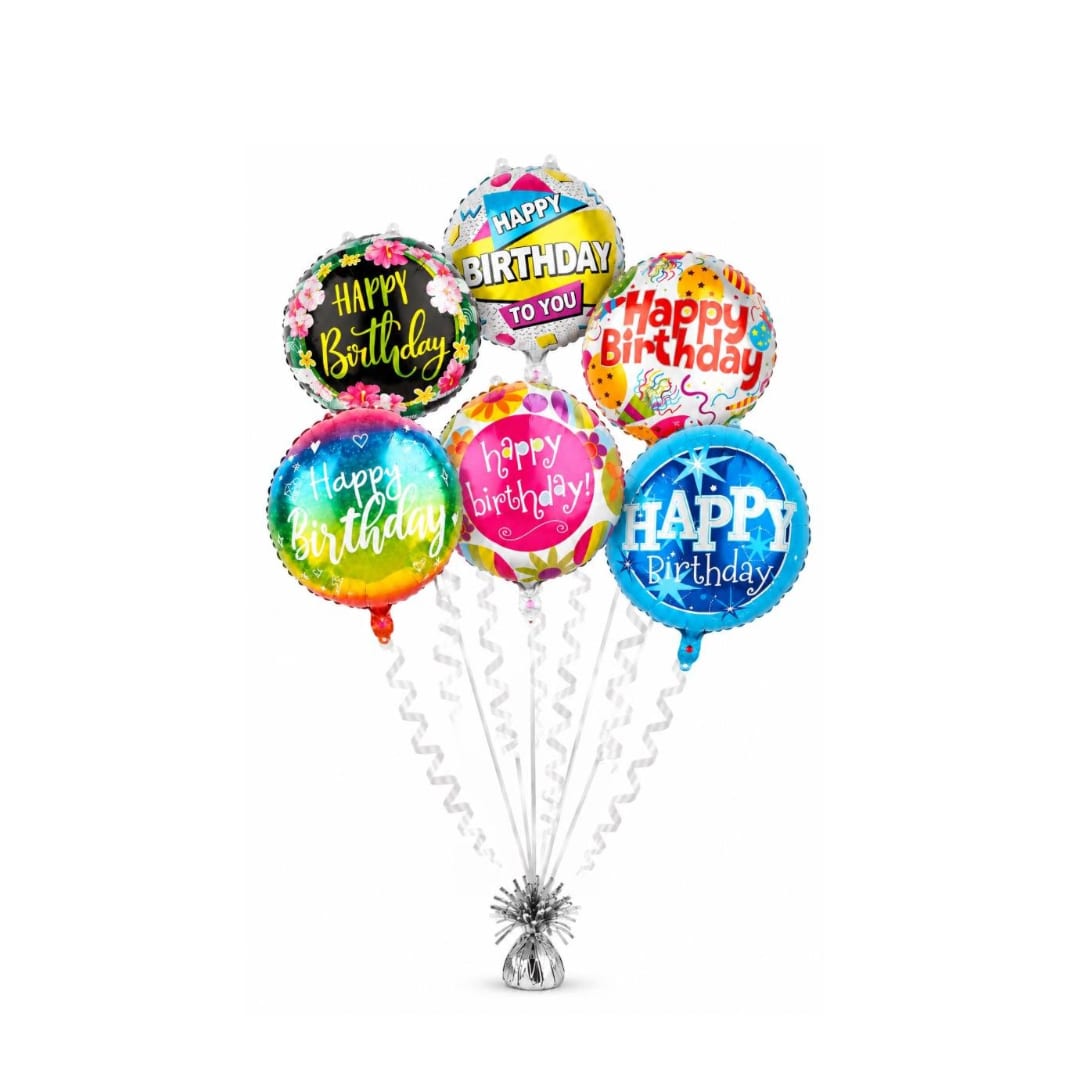Cluster of colorful birthday balloons with a silver base