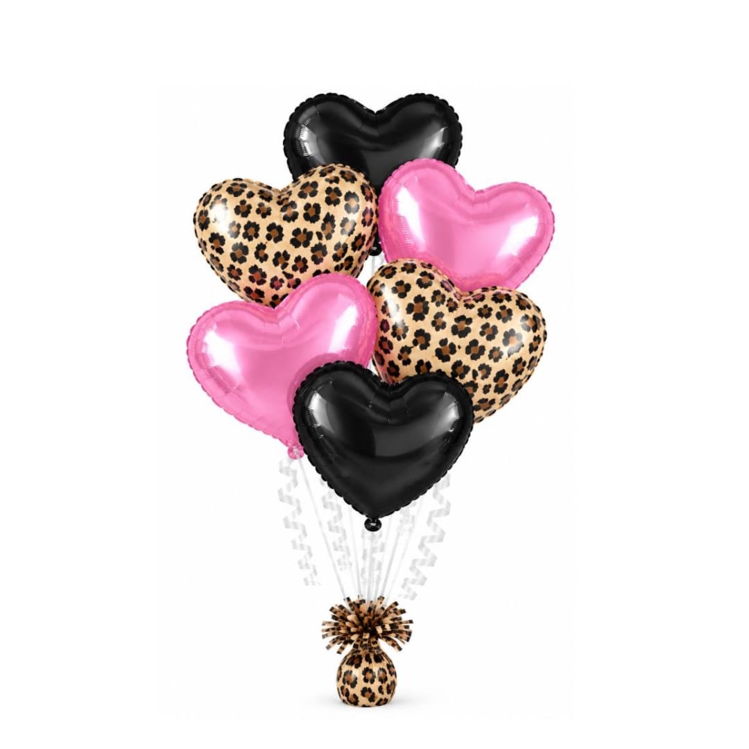 Cluster of heart-shaped pink, black, and leopard-print balloons