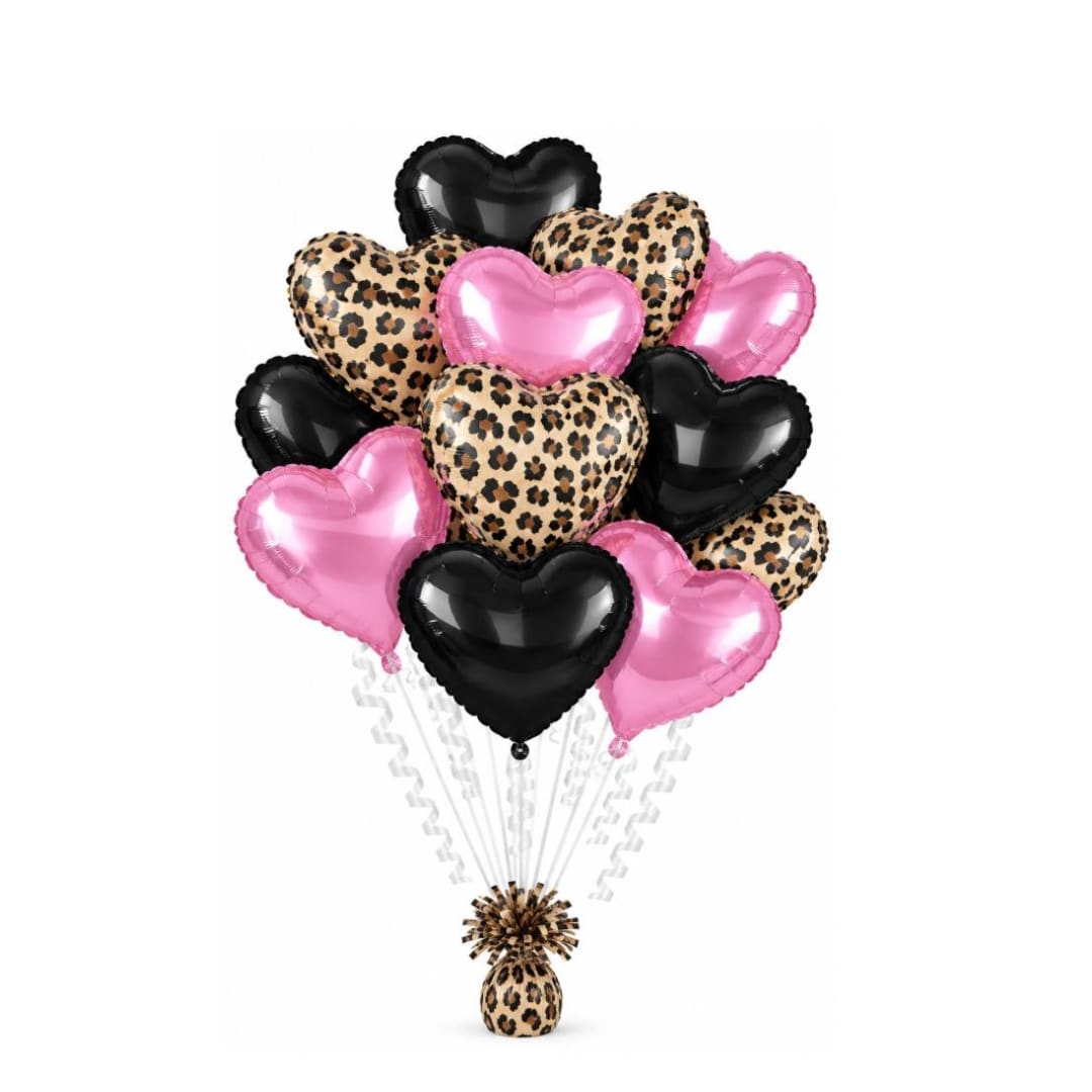 Cluster of heart-shaped balloons in pink, black, and leopard print