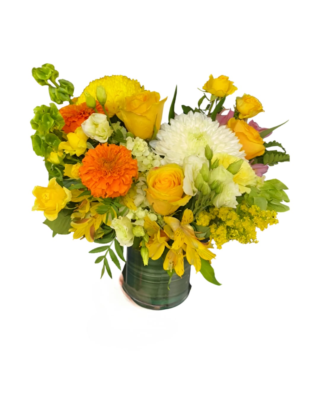 Citrus Blossom - A bright, energizing mix of yellow roses, marigolds, alstroemeria, lisianthus, chrysanthemums, solidago, and hydrangea, designed in a sleek green glass vase. This arrangement radiates warmth and positivity — perfect for birthdays, thank-you gifts, or simply bringing a little sunshine indoors.  Note: Some blooms may be substituted with equal-value seasonal flowers while maintaining the same style and color palette.