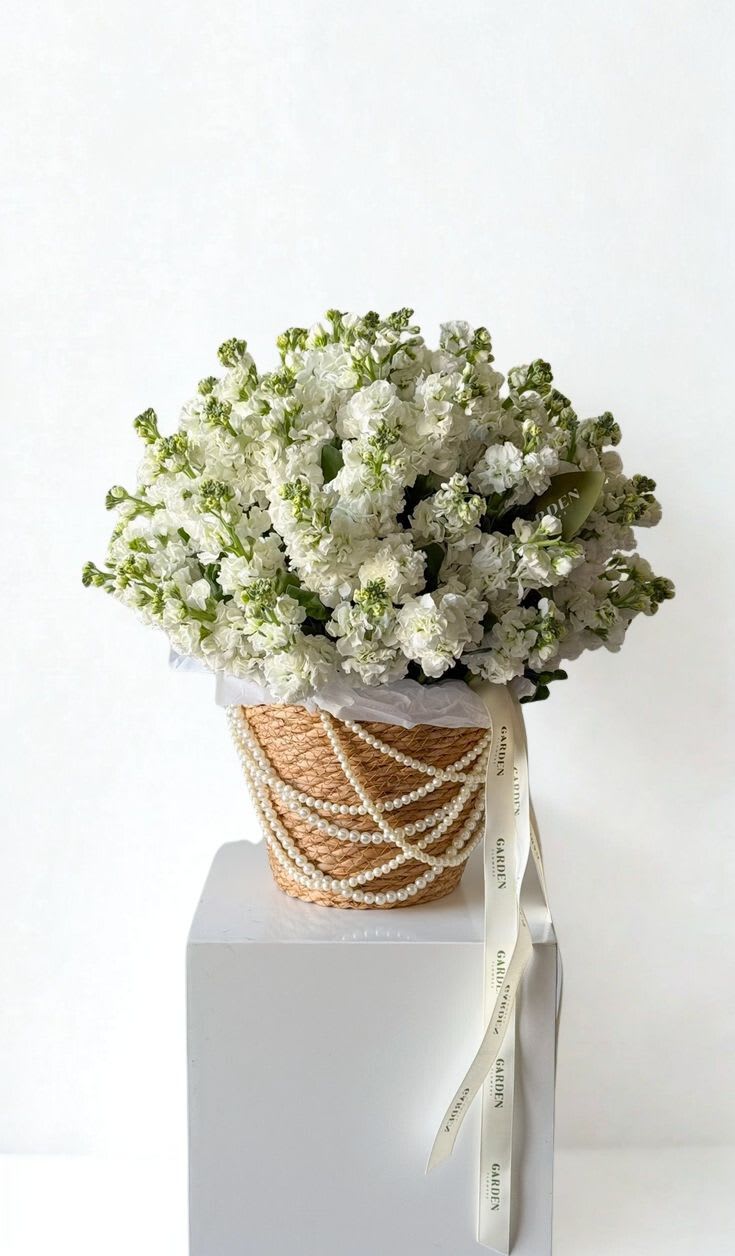 Mattiola garden - A timeless all-white arrangement featuring fluffy, cloud-like blooms in a pearl-draped keepsake basket. Minimal, elegant, and insanely chic perfect for weddings, congratulations, sympathy, or anyone who loves clean luxury.  Includes: premium white blooms (stock or seasonal equivalent) arranged full + airy Note: Flower variety may vary slightly based on availability, but the look will stay all-white, full, and elegant.