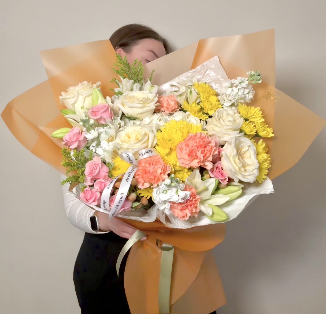 Pastel watercolors- Lily, Chrysanthemums, roses  - Cheerful colorful mix of flowers with beautiful scent.