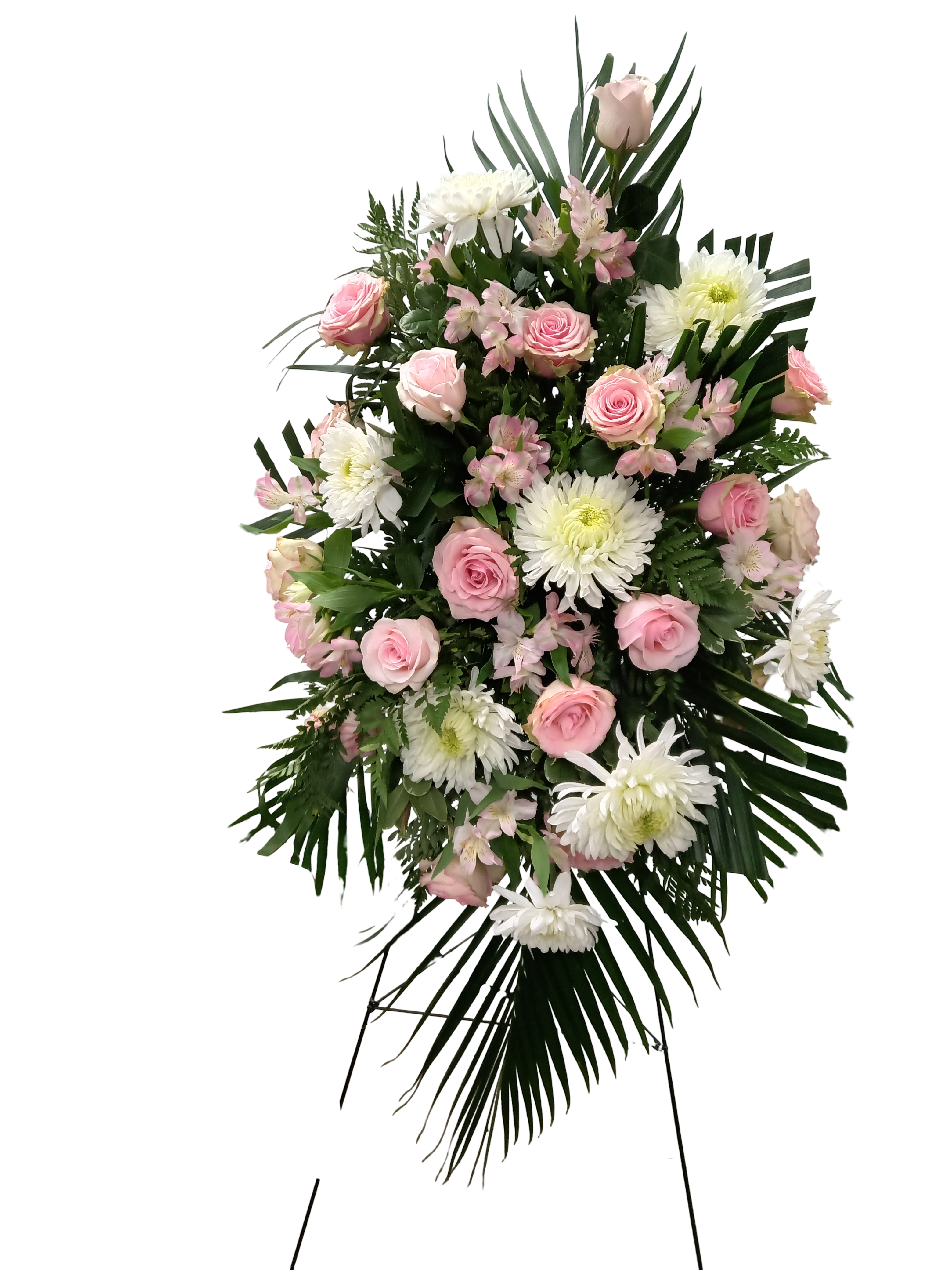 Sweet Dreams Easel Spray - A sweet tribute for your loved one with mums, stock and roses. While this tribute is done in pink and white, it can be ordered in different colors 