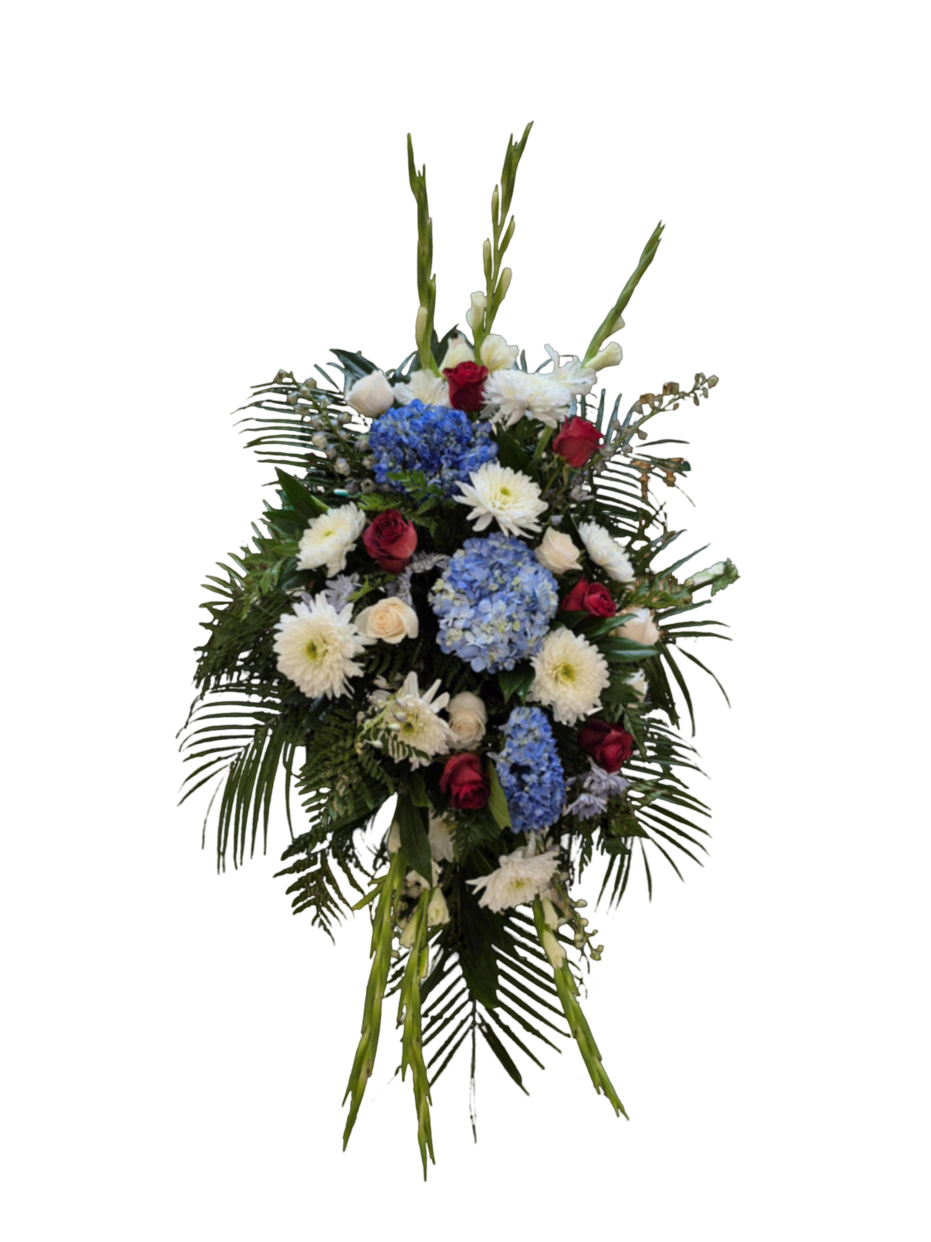 Americana Easel Spray - a stunning tribute for Military, memorial services and those who just love America.  Style can be done in other colors.