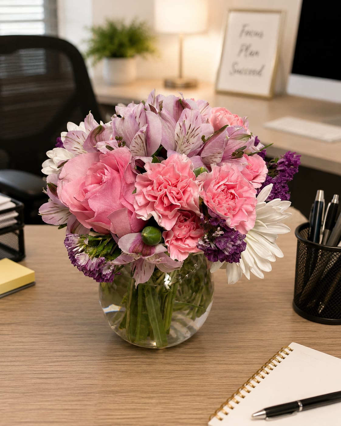 Pinky Bowl  - Clear glass bowl with a bouquet filled with carnations, alstroemeria, statice, daisies. 