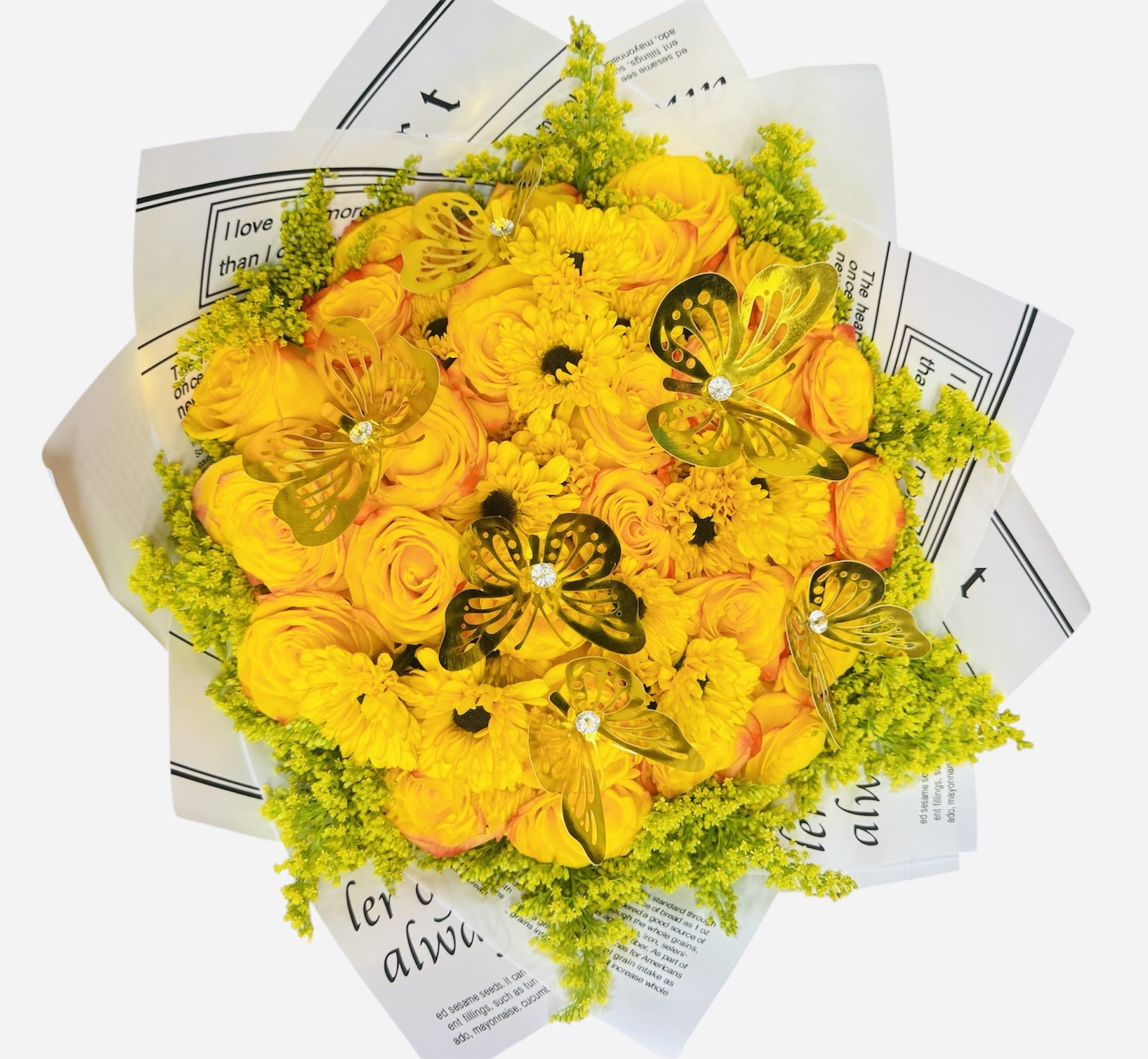 Yellow rose and daisy bouquet with butterfly decorations