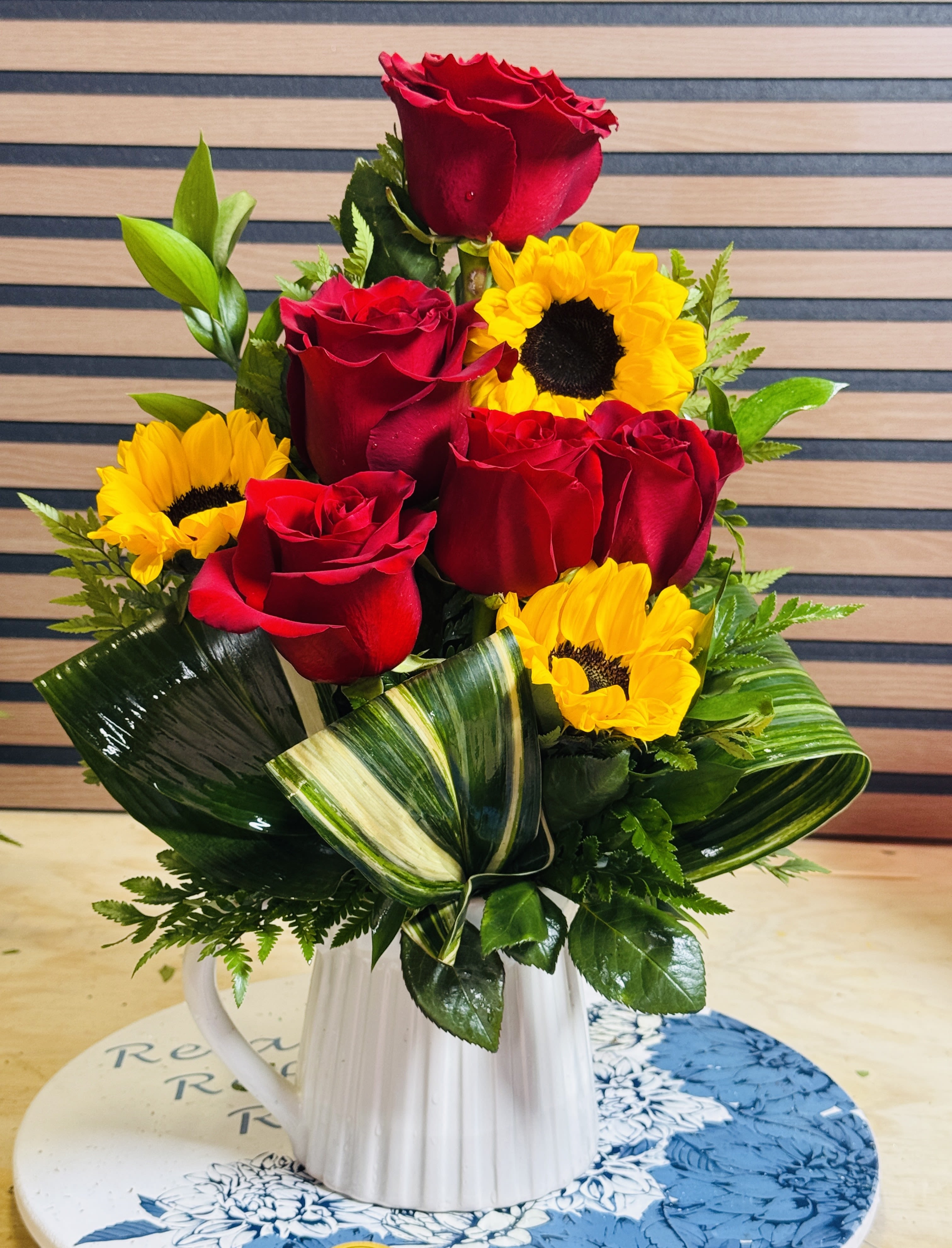 Jar Bouquet - Red roses and sunflowers in a white jar 