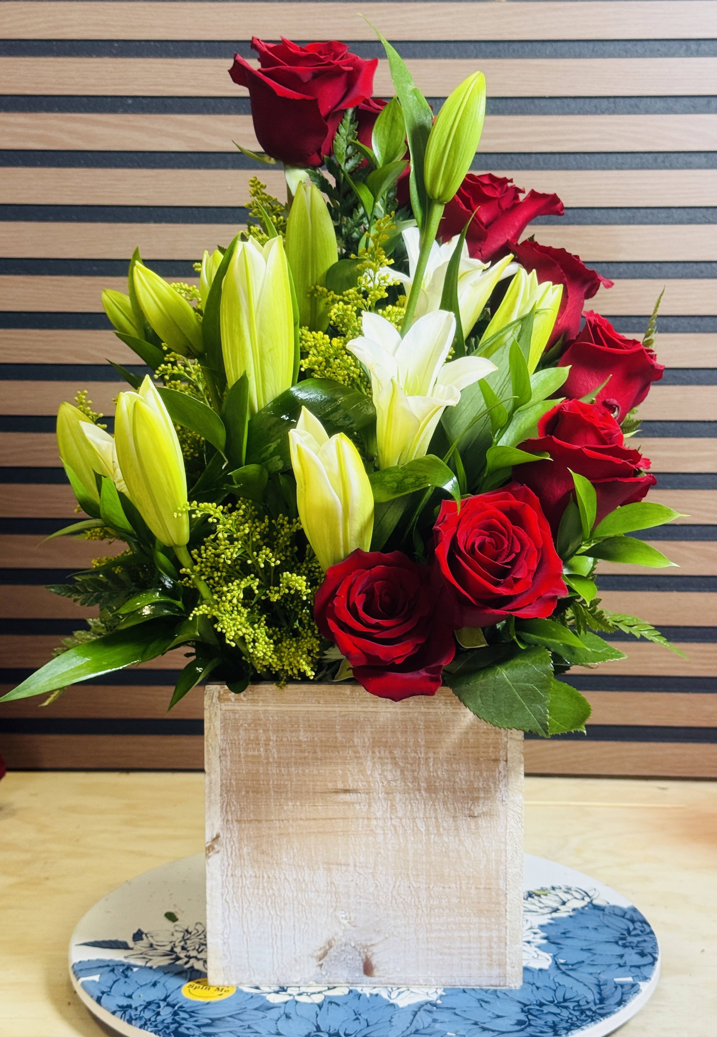 Lilly Love  - White lilies and red roses in a wood box 
