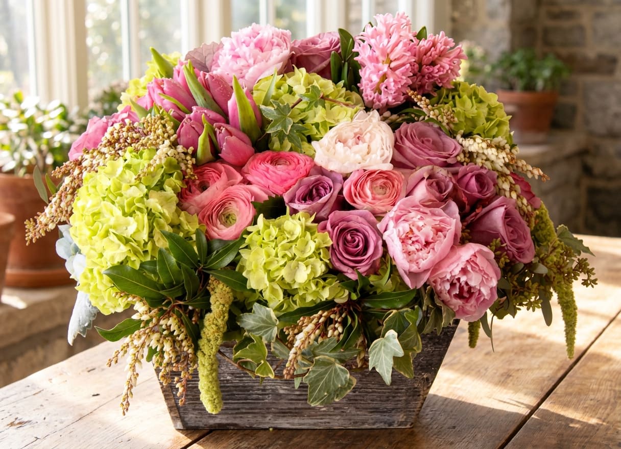 Captivating (DL) - Step into a world of elegance and refinement with our upscale modern floral arrangement in pink and green. This luxurious arrangement features a stunning combination of roses, ranunculus, peonies, hydrangeas, and more, all professionally arranged in a beautifully crafted wooden box.