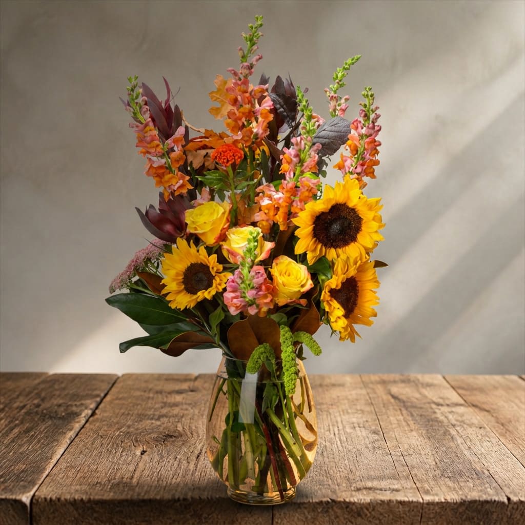 Hello Fall by BloomNation™ (DL) - Introducing our exquisite Fall Flower Arrangement, a captivating blend of snapdragons, roses, sunflowers, and a variety of lush greenery, beautifully presented in a vase. This autumn-inspired arrangement embodies the warm and vibrant colors of the season, perfect for adding a touch of nature's beauty to any space.