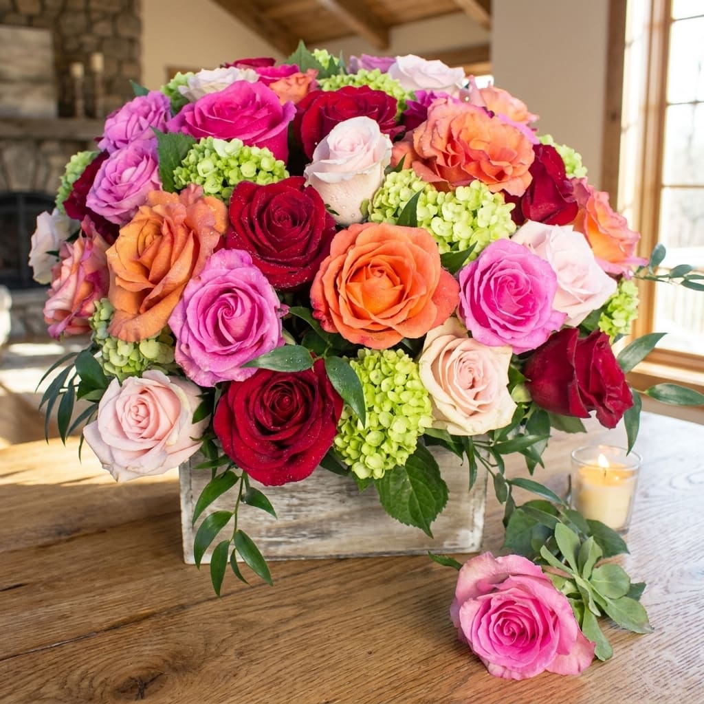 Rainbow of Roses (DL) - Experience a burst of vibrant colors with our exquisite arrangement of 24 assorted color roses and mini green hydrangea, elegantly presented in a square wooden box.