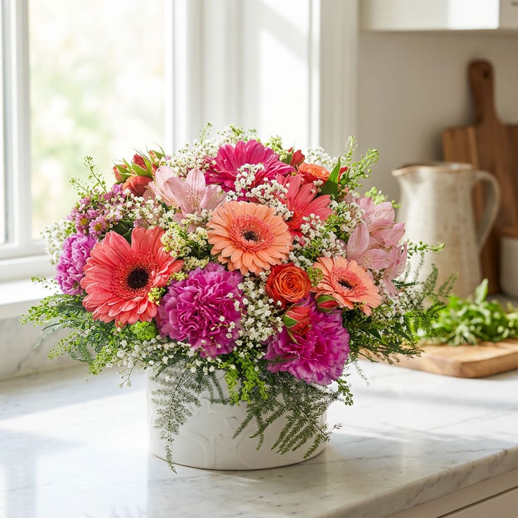Gorgeous Gerberas (DL) - Capture the essence of beauty and grace with our exquisite floral arrangement featuring a stunning combination of pink gerberas, Asiatic lilies, roses, and more. This captivating ensemble will transport you to a world of delicate elegance and radiant charm. The vibrant hues of pink create a sense of joy and positivity, while the luscious scent of the roses adds a touch of romance to any space. Handcrafted with care by our skilled florists, this arrangement is a perfect gift for birthdays, anniversaries, or to simply brighten someone's day.