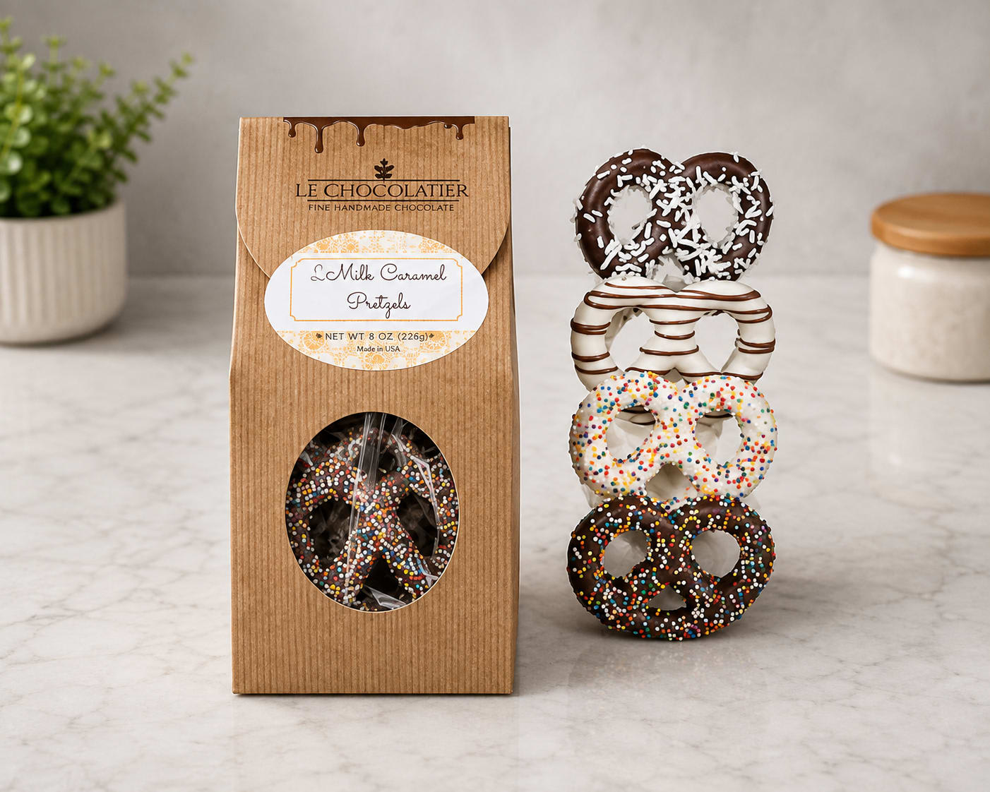 Chocolate Covered Pretzels Treat (DL) - 8 Chocolate covered Pretzels - 3 milk, 3 dark, &amp; 2 white chocolate couvertures. Each is decorated with a different sprinkle. Sweet &amp; salty, fresh, and crunchy.