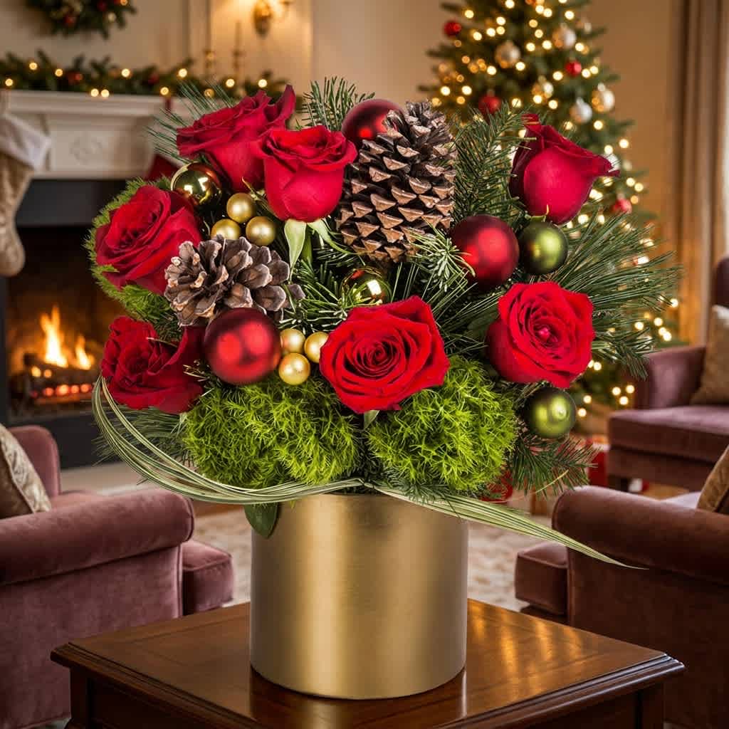 Red roses in a gold vase with pinecones and holiday ornaments
