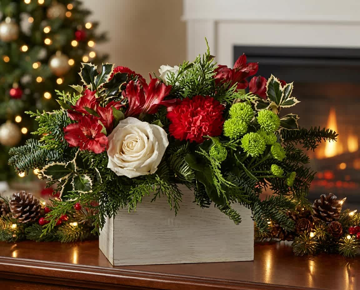 Snowball Bouquet (DL) - A crisp white rose at the center gives this Snowball Bouquet a classic, festive focal point-perfect as a Christmas flower arrangement or seasonal gift. The mix of red carnations and red alstroemeria against bright green button chrysanthemums creates a joyful red, white, and green palette that reads holiday-traditional while still feeling fresh and lively for a mantel, dining table, or entryway.  