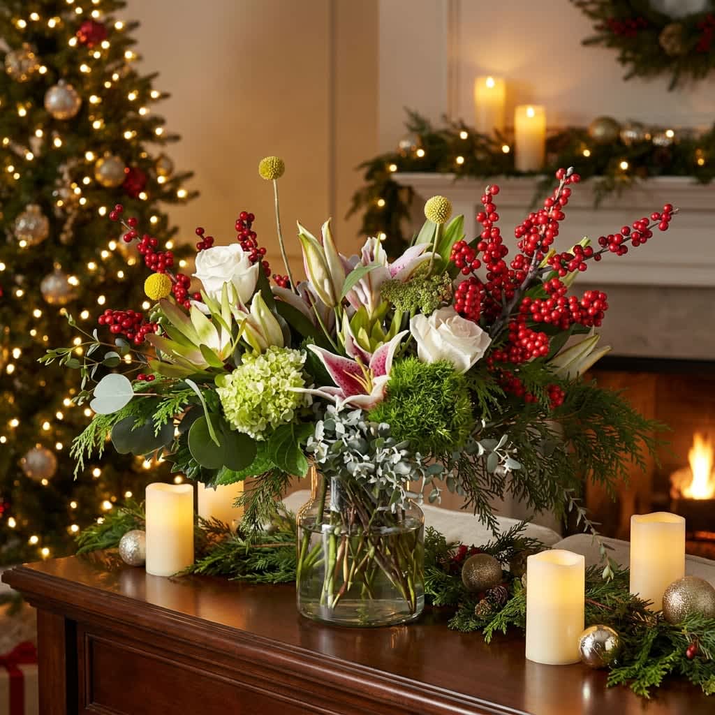 Winds of winder (DL) - A festive winter centerpiece that reads like a classic holiday tableau, this flower arrangement brings together lilies, roses, and hydrangeas in a Christmas-ready palette. Perfect as a holiday centerpiece or seasonal gift, the arrangement-made for winter entertaining or to brighten a mantel-pairs white roses and lilies with pale green hydrangea, pops of round yellow accents, and abundant red berry branches for a warm, celebratory feel.  