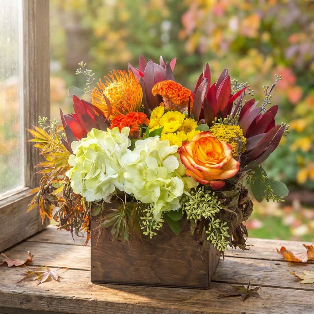Autumn celebration (DL) - A rustic wooden box overflowing with autumn color-this fall flower arrangement is built to feel like a warm Thanksgiving centerpiece or an autumn birthday bouquet for someone you want to celebrate. The mix of orange, yellow, white and red creates a lively seasonal palette that immediately reads as cozy, festive, and unmistakably autumnal-the perfect way to make the person you're thinking of feel cherished during harvest gatherings.  