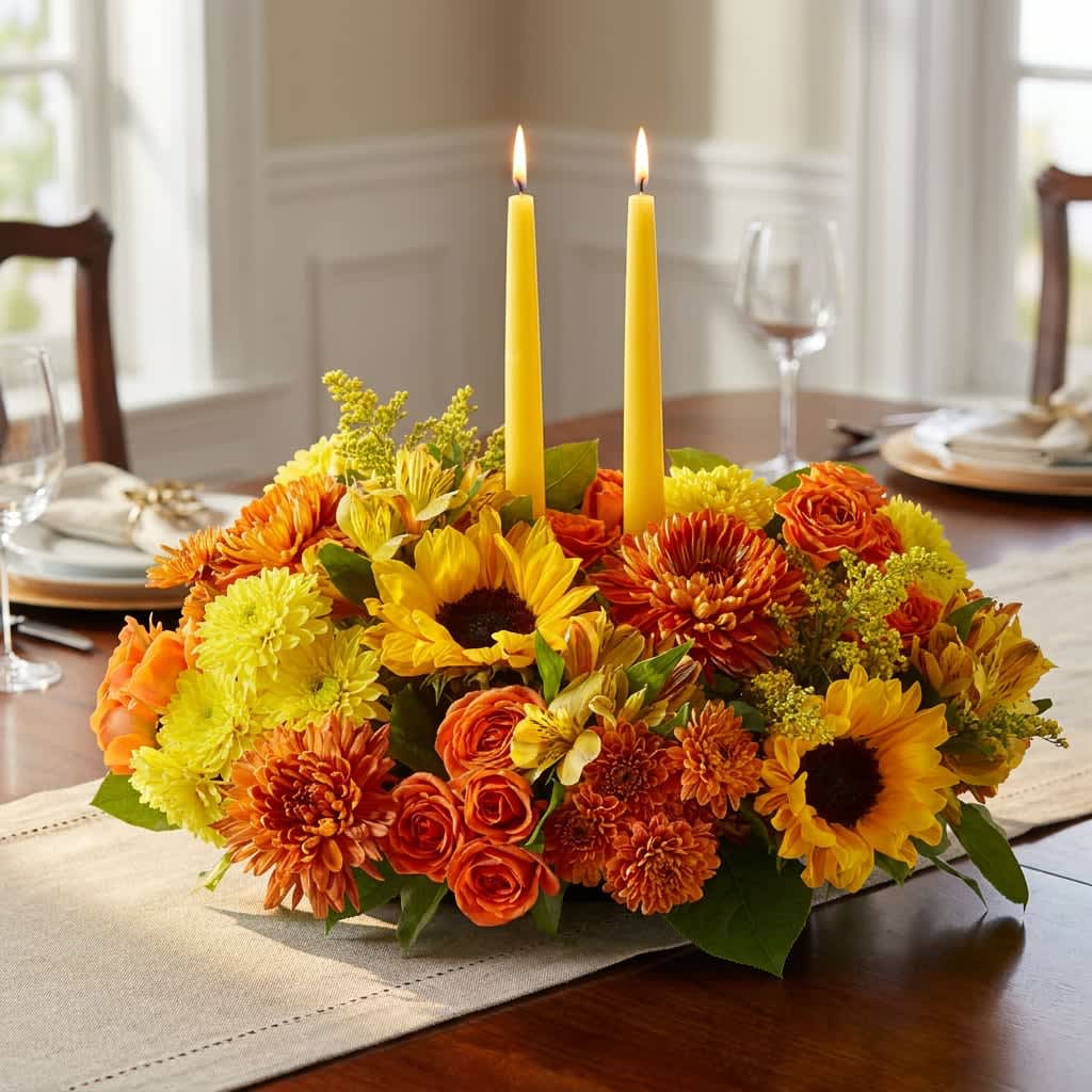 Autumn Harmony (DL) - Two tall yellow taper candles rise from a dense bed of warm-toned blooms in this Autumn Harmony centerpiece, a low, full flower arrangement perfect for Thanksgiving or any harvest-time celebration. The combination of sunflowers, orange and yellow chrysanthemums, orange roses, and pink-green alstroemeria creates a layered autumn palette that reads festive and comforting-ideal for a host who wants the person they're honoring to feel celebrated at the head of the table.  