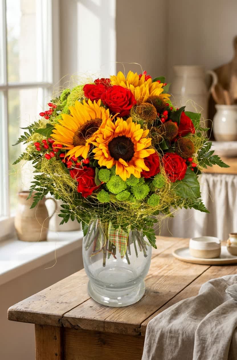 Thanksgiving again (DL) - Bright yellow sunflowers paired with vivid red roses make this Thanksgiving bouquet a warm, celebratory choice for autumn gatherings and heartfelt thank-you gifts. The arrangement reads as a cheerful fall centerpiece or a birthday surprise-she'll feel noticed and uplifted by the bold, seasonal color story and rustic touches. 
