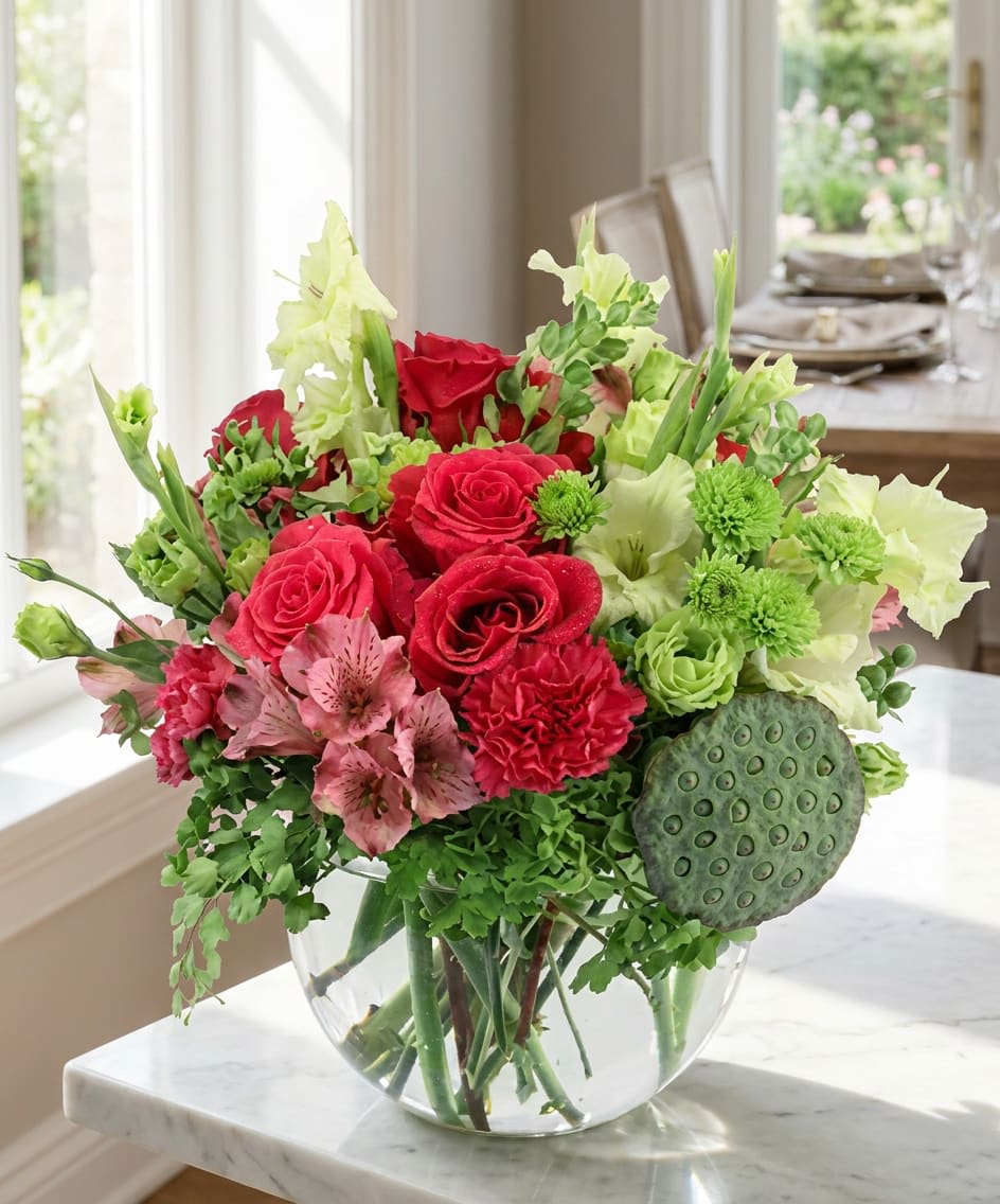 Holiday gathering (DL) - A lush mix of red roses and pink alstroemeria creates immediate holiday warmth in this flower arrangement-perfect as a birthday bouquet, anniversary surprise, or a cheerful thank-you gift. The centerpiece's rich red blooms give a classic, romantic pulse while softer greens and pale pinks around the edges keep the look fresh and festive for winter gatherings or any joyful occasion.  