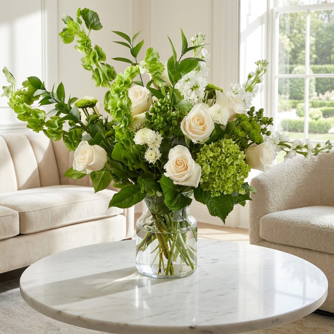 White roses and green flowers arranged in a clear glass vase