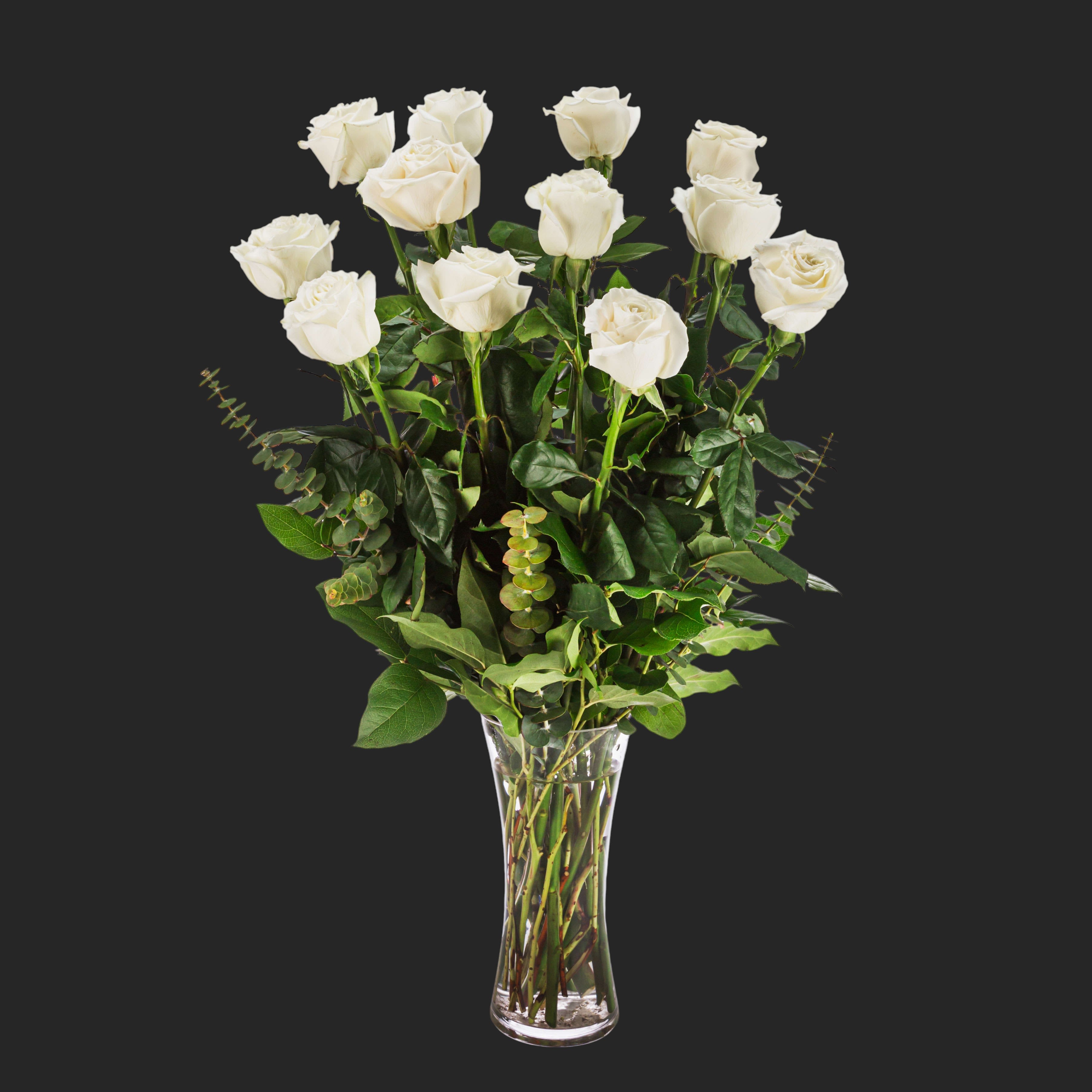 Dozen Long Stemmed White Roses by BloomNation™ - A dozen white roses are a classic gift! Perfect for Valentine's Day, an Anniversary, or any type of celebration.  Approximate Dimensions: 20"D x 30"H