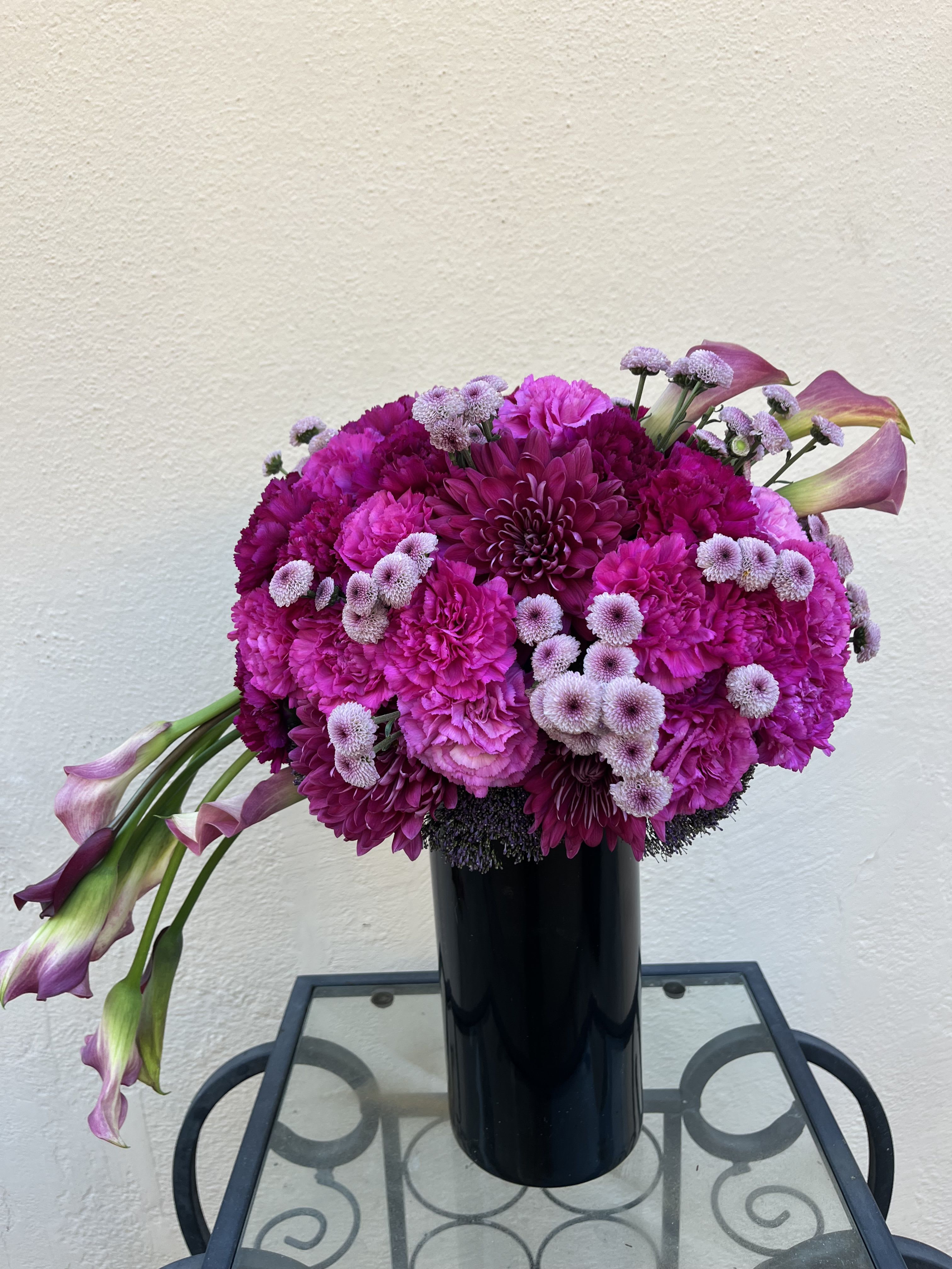 Wine &amp; Dine - vibrant arrangement designed with bold magenta tones and soft lavender accents.
