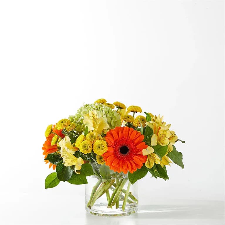 Orange gerbera daisies and yellow flowers in a clear glass vase