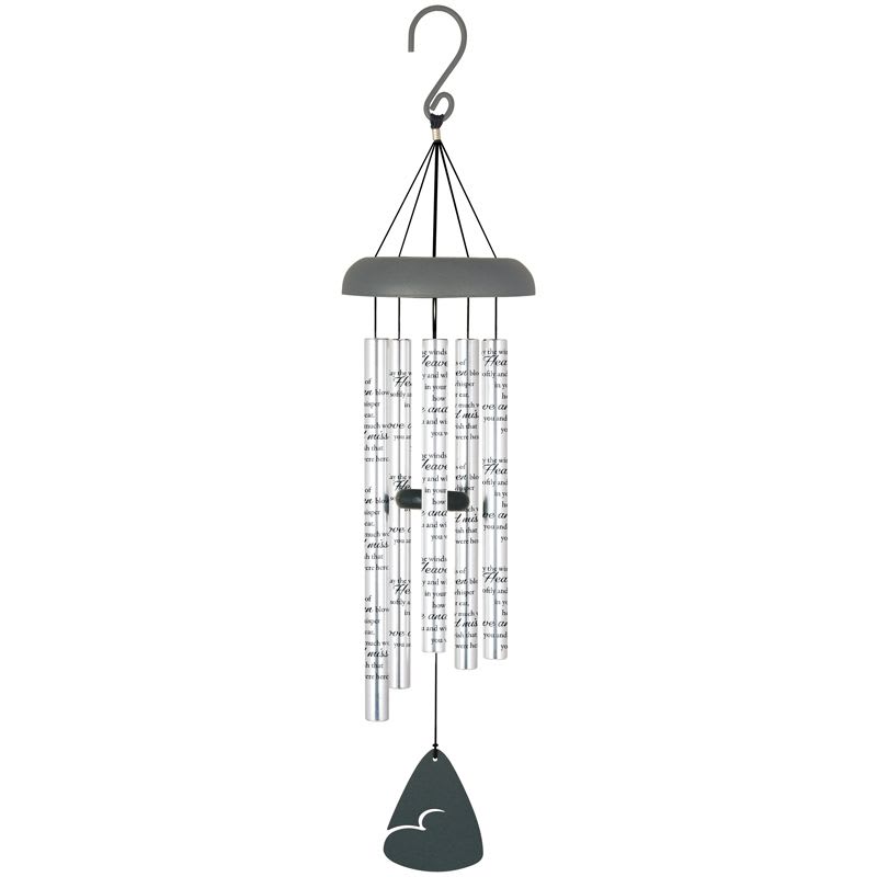 Hanging metal wind chime with clear tubes and a dark clapper