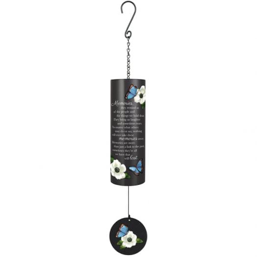 Black memorial wind chime with white flowers and blue butterflies