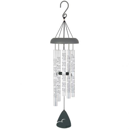 Hanging metal wind chime with clear tubes and a dark clapper