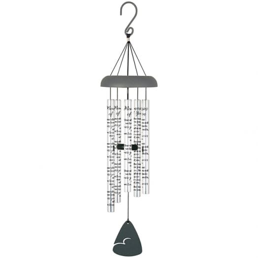 Carson Wind Chime - 30 inch Sonnet, MEMORIES OF YOU - Our 30" sonnet chimes have 5 heavy walled, center pinned tubes that emit deep tones. All aluminum construction, durable powder coated and anodized finish, and strung with industrial cord. Each chime has an adjustable striker. Tubes are 7/8" diameter, sentiment is printed directly onto the tubes.  Chime Tubes Read: "Tear after tear we love you and miss you. Smile after smile, we treasure our memories of you."  L: 30"