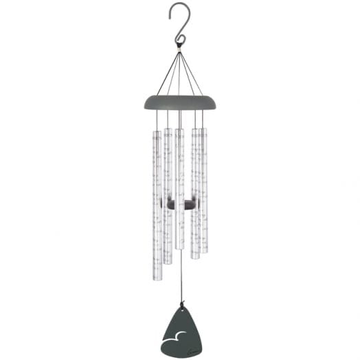 Hanging metal wind chime with clear tubes and a dark clapper