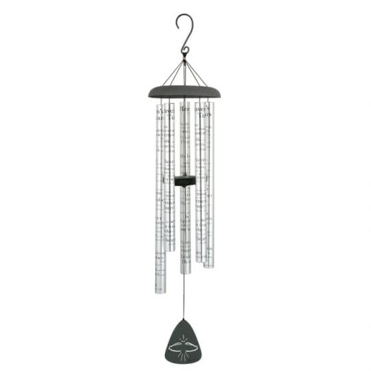 Silver wind chime with hanging tubes and a black clapper