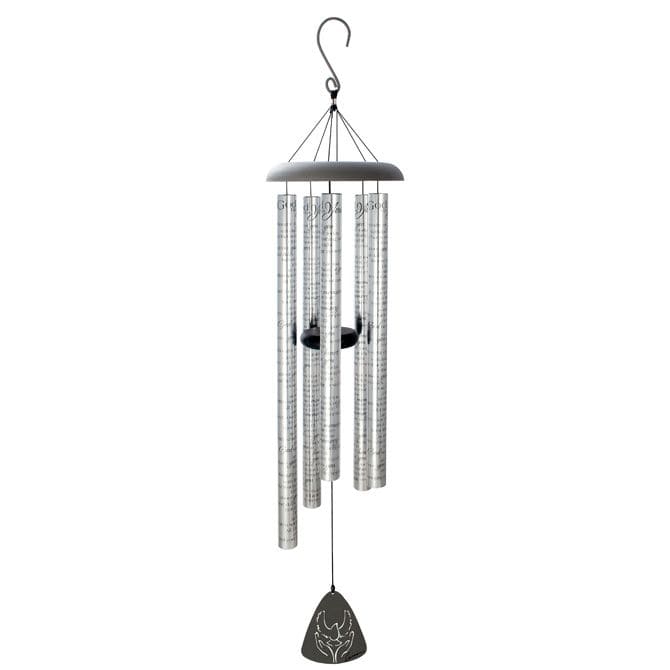 Silver wind chime with hanging metal tubes and a black clapper