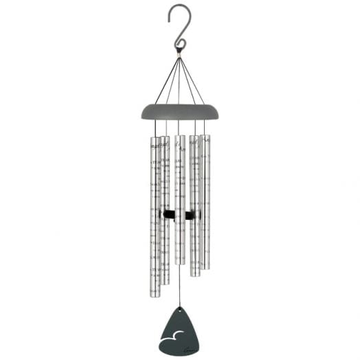 Hanging metal wind chime with silver tubes and a dark clapper