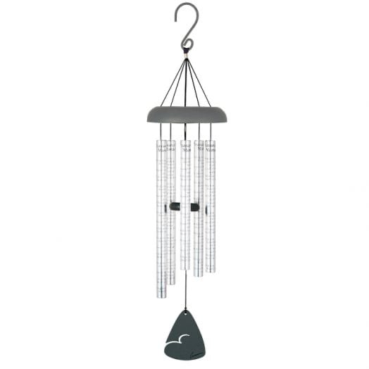 Hanging metal wind chime with clear tubes and a dark clapper