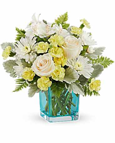 Teleflora's Evergreen Meadows Bouquet - Immerse yourself in the freshness of a garden-fresh rose bouquet, artfully arranged in a luxurious turquoise glass cube. This stunning arrangement showcases crÃ¨me roses, white alstroemeria, light yellow miniature carnations, white cushion spray chrysanthemums, dusty miller, and leatherleaf fern. Delivered in a turquoise glass cube, designed to double as a charming votive.