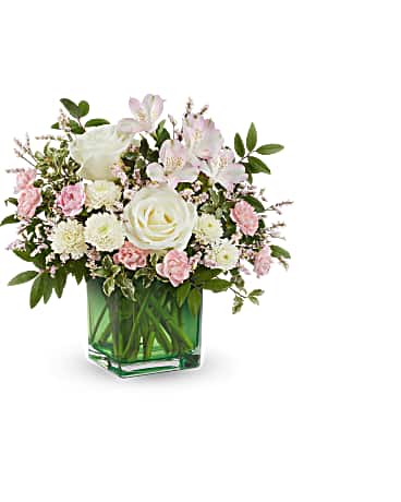 Teleflora's Pops Of Pink Bouquet - Soft and elegant, this lovely rose bouquet features gentle pops of pink and white, beautifully arranged in a classic citrus green cube. It adds a serene touch of garden charm to any setting. This arrangement features white roses, light pink alstroemeria, miniature pink carnations, white button spray chrysanthemums, pink limonium, huckleberry, and pitta negra. Delivered in a citrus cube, this bouquet doubles as a charming votive or decorative piece.