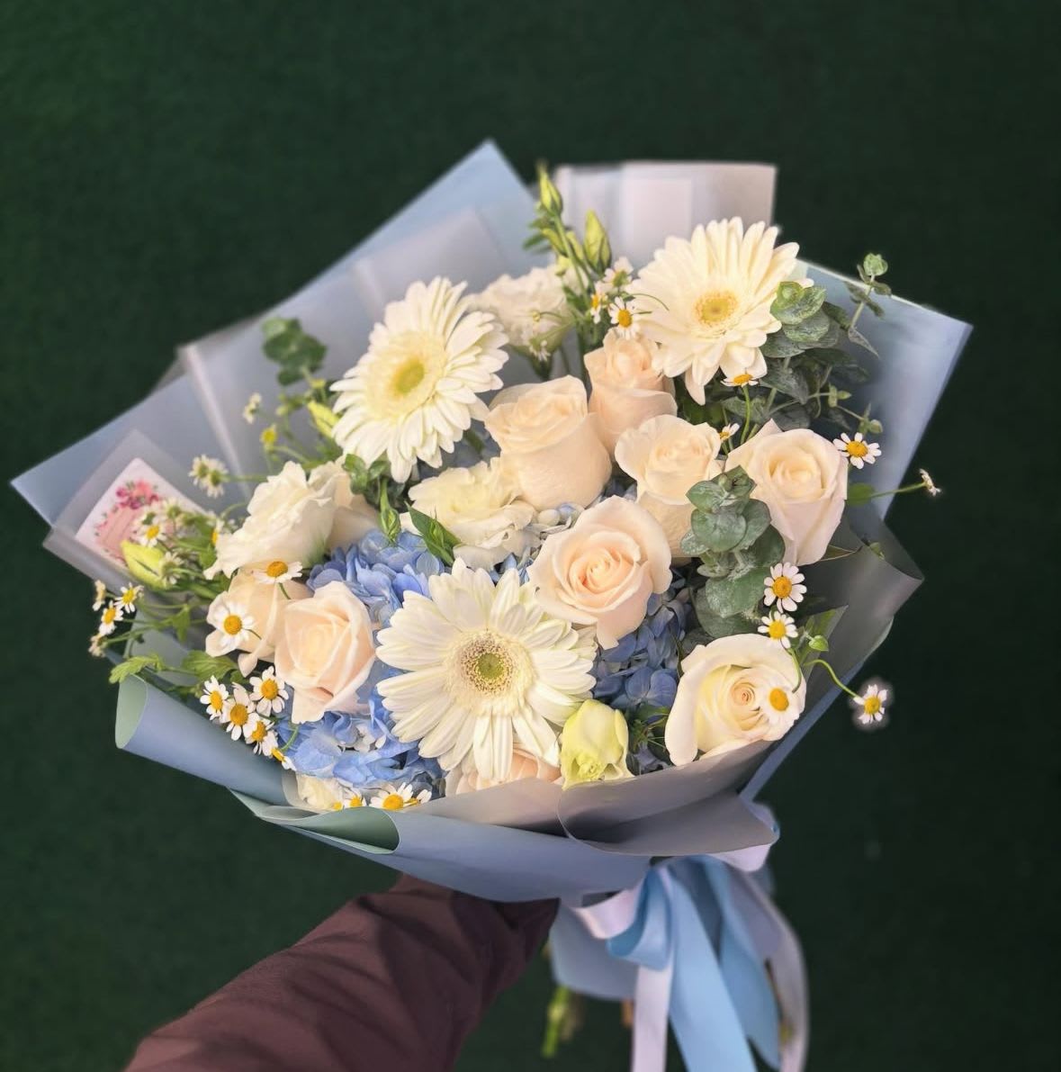 Bouquet of cream roses, white daisies, and blue hydrangeas wrapped in pale blue paper