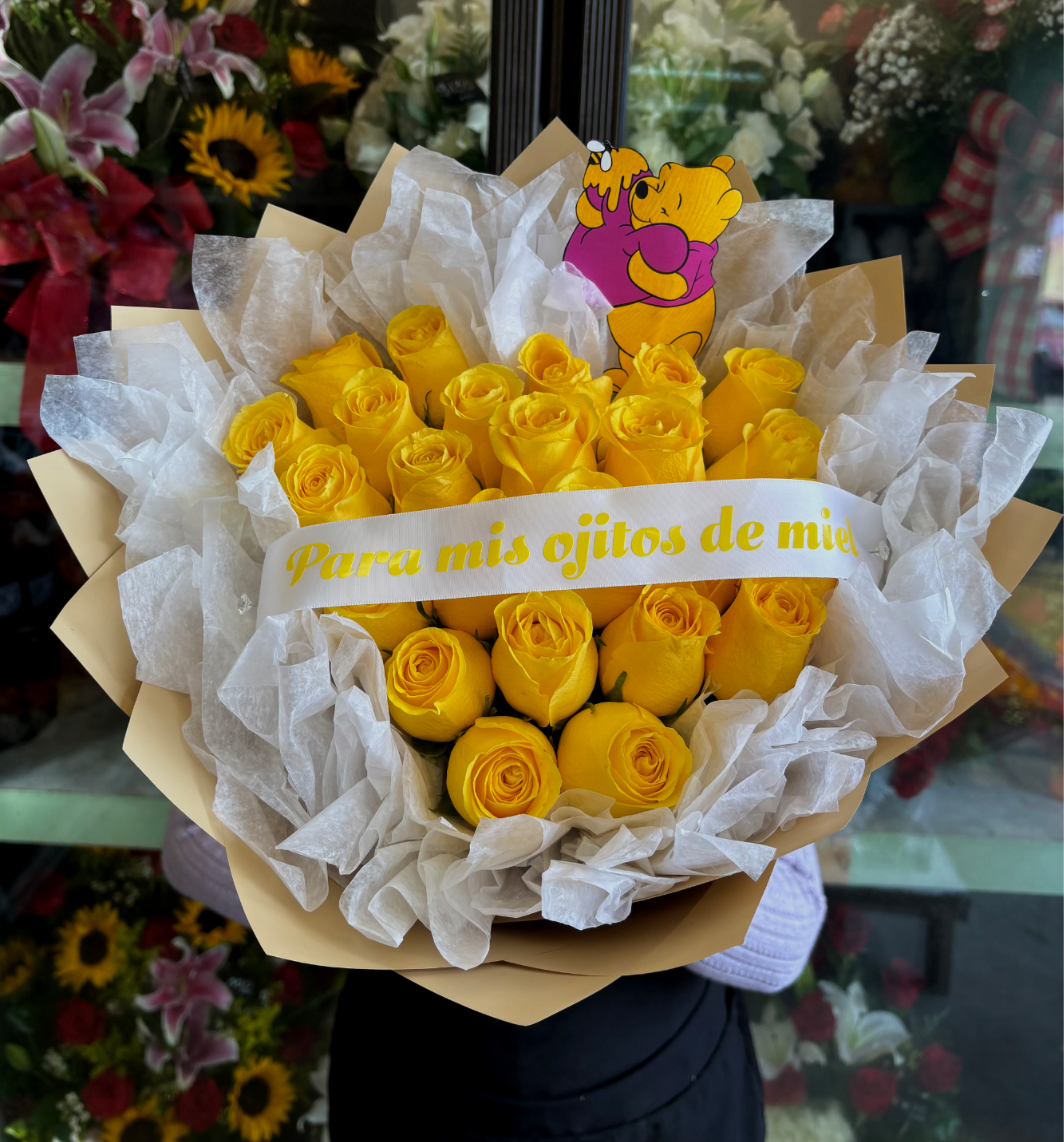 Heart shaped Winnie the Pooh buchón  - 25 count yellow rose buchón with fully customizable ribbon!