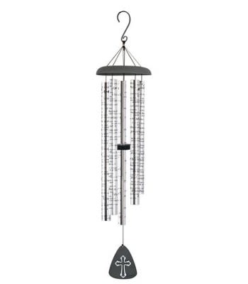 Hanging metal wind chime with a cross-shaped pendant