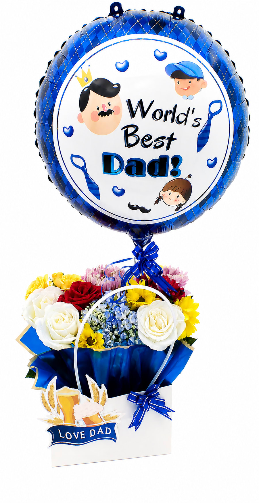 World’s Best Dad Floral Gift Bag - This handcrafted gift bag features a charming floral arrangement of premium white and yellow roses, accented with premium seasonal blooms and fresh greenery, and a stylish presentation, perfect for celebrating Dad. Whether he enjoys flowers at home, in the office, or as a meaningful reminder of your love, this unique gift brings a touch of elegance and joy to his special day.
