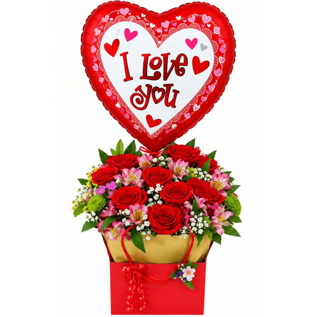 Heart-shaped balloon above a red rose bouquet in a gift bag
