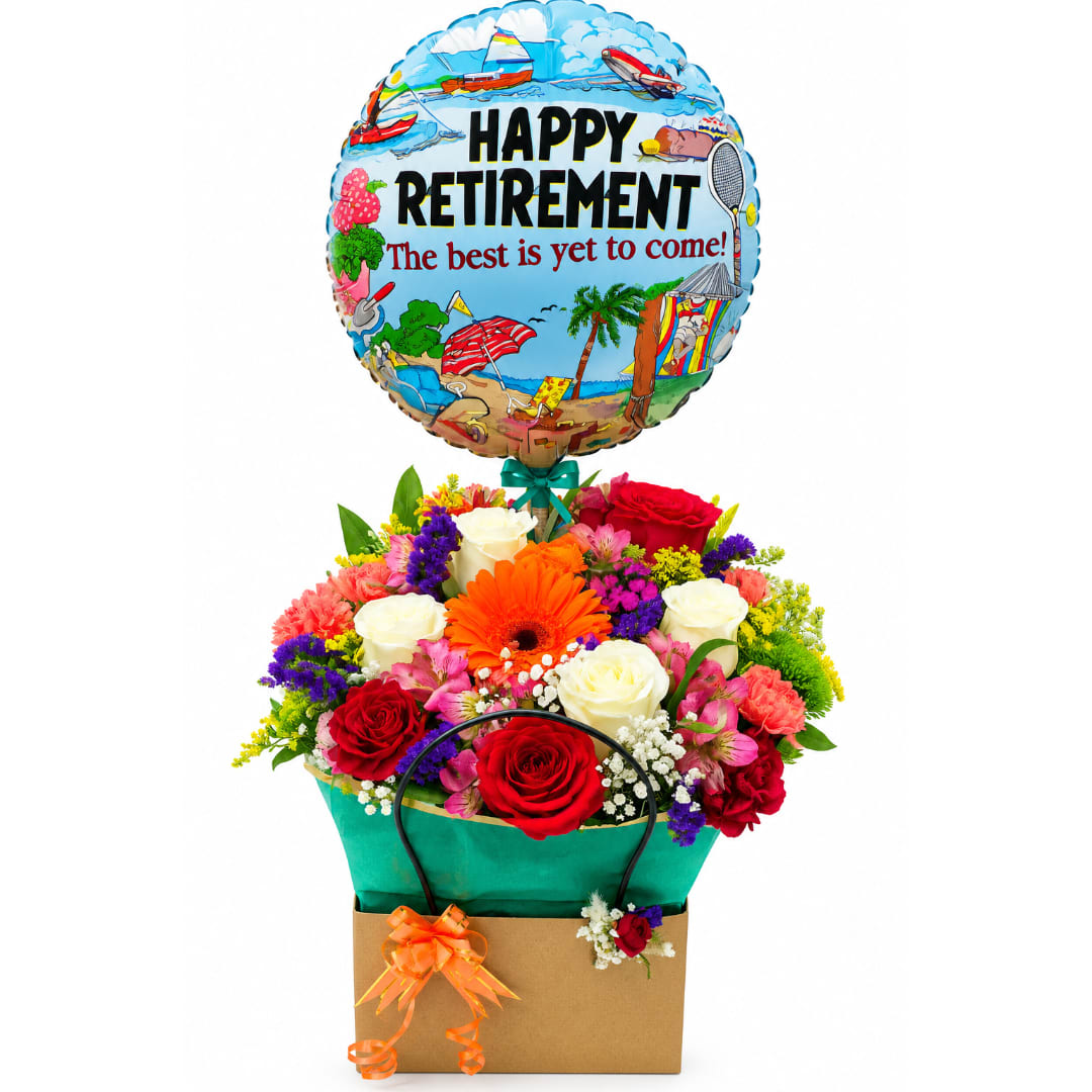 Retirement balloon above a colorful flower arrangement in a gift bag