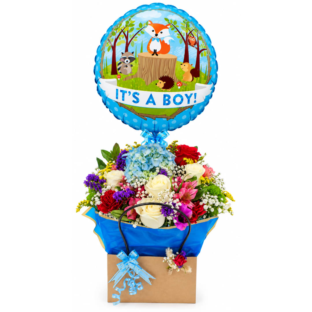 Flower gift basket with a blue "It's a Boy!" balloon