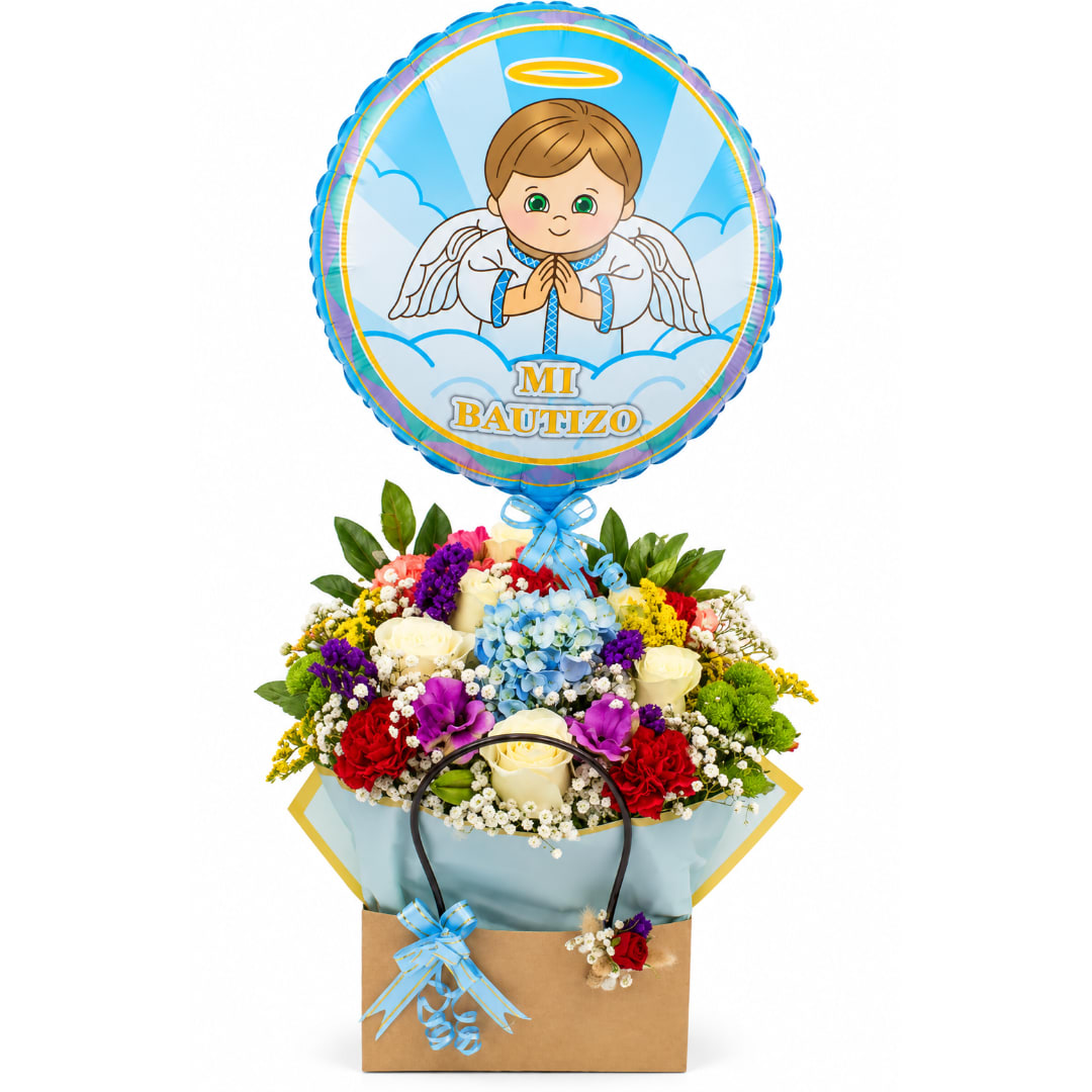 Flower arrangement with a baptism balloon and pastel gift wrapping